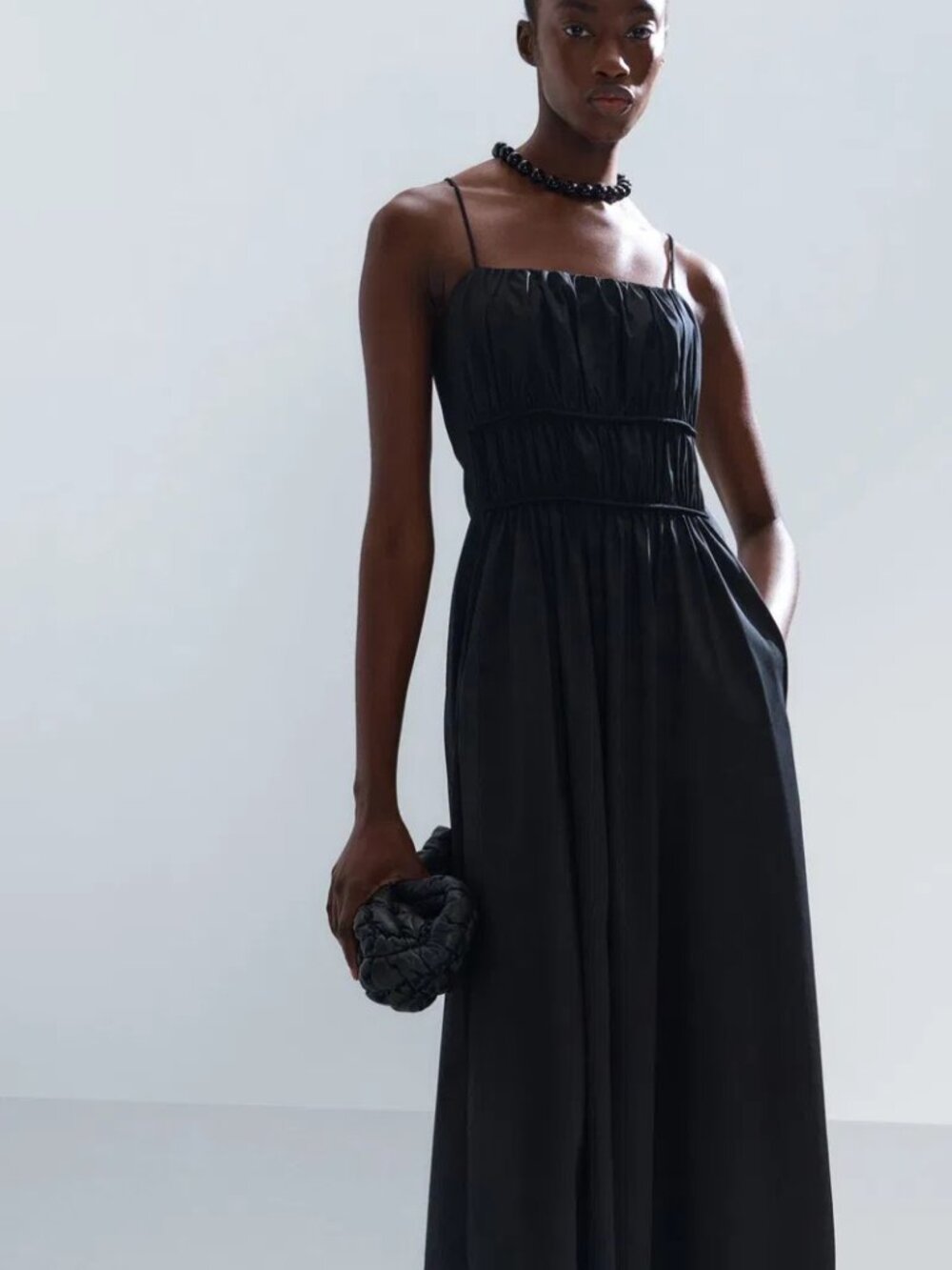COS Black Gathered-Waist Midi Dress